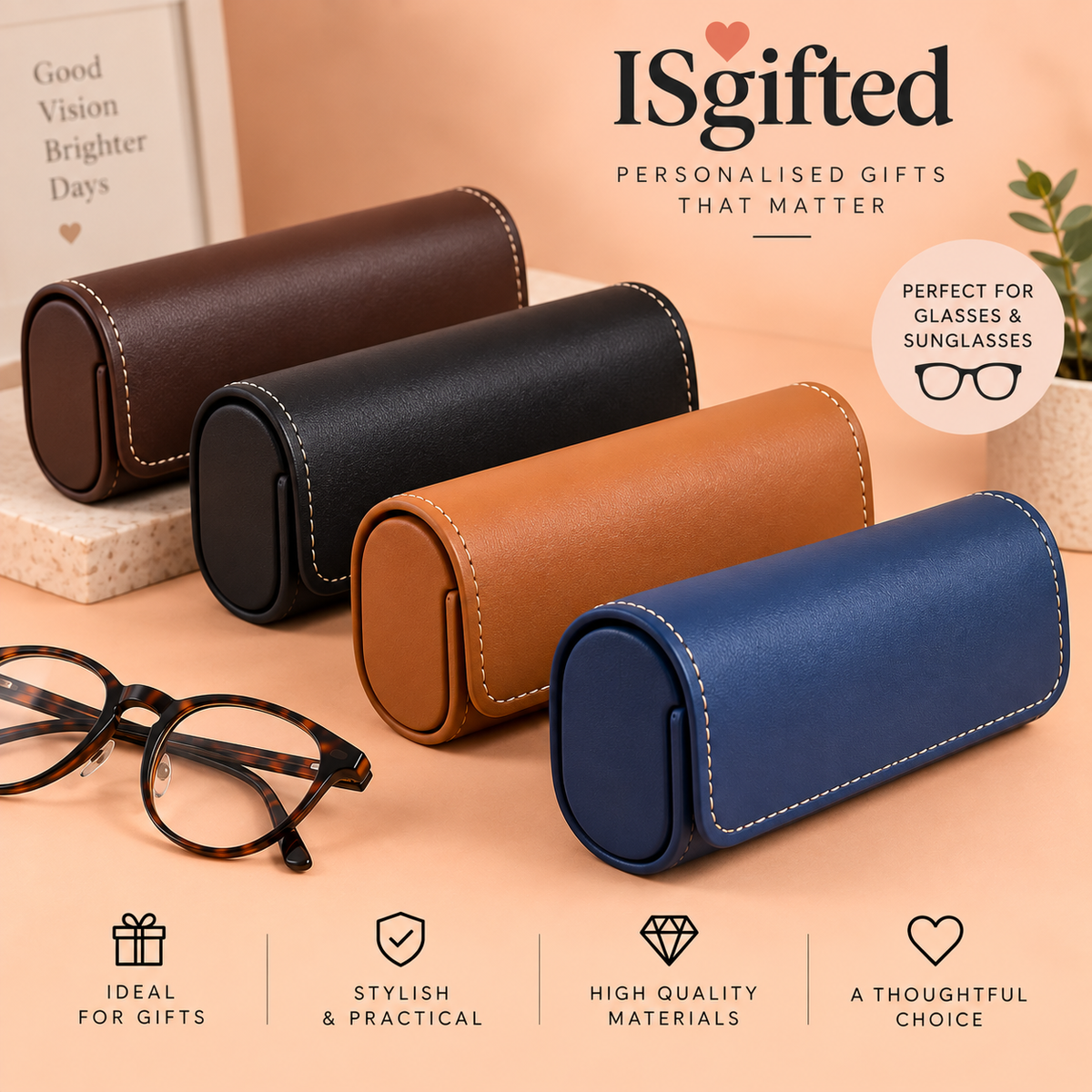 Personalised Leather Glasses Case | Engraved Eyeglass and  Sunglasses Case | Gift for Him & Her