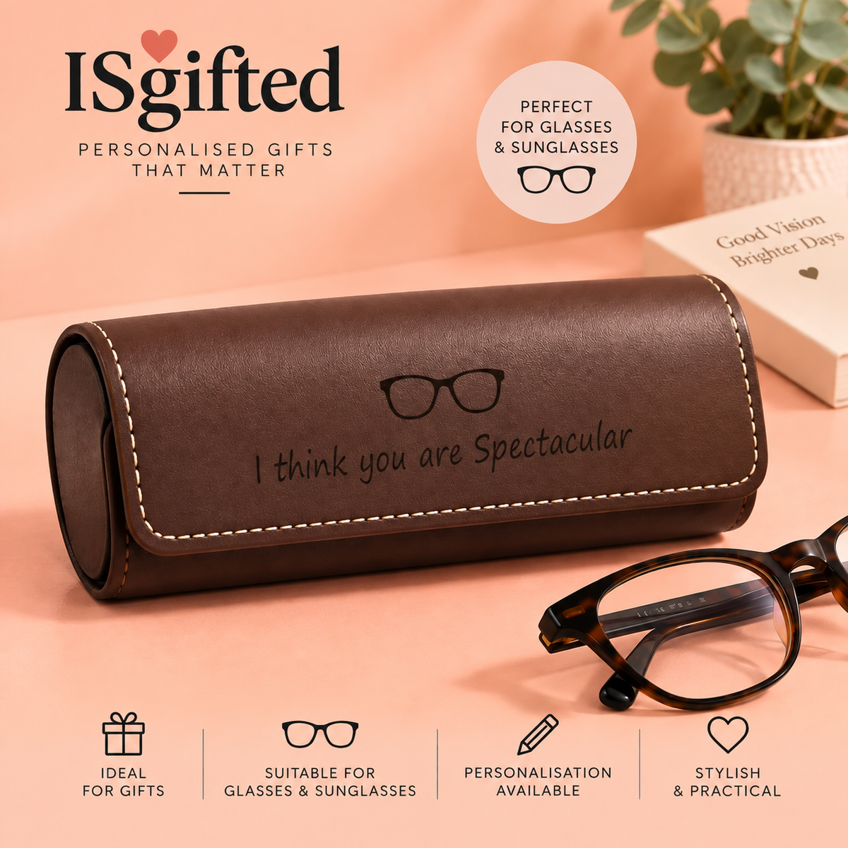 Personalised Leather Glasses Case | Engraved Eyeglass and  Sunglasses Case | Gift for Him & Her