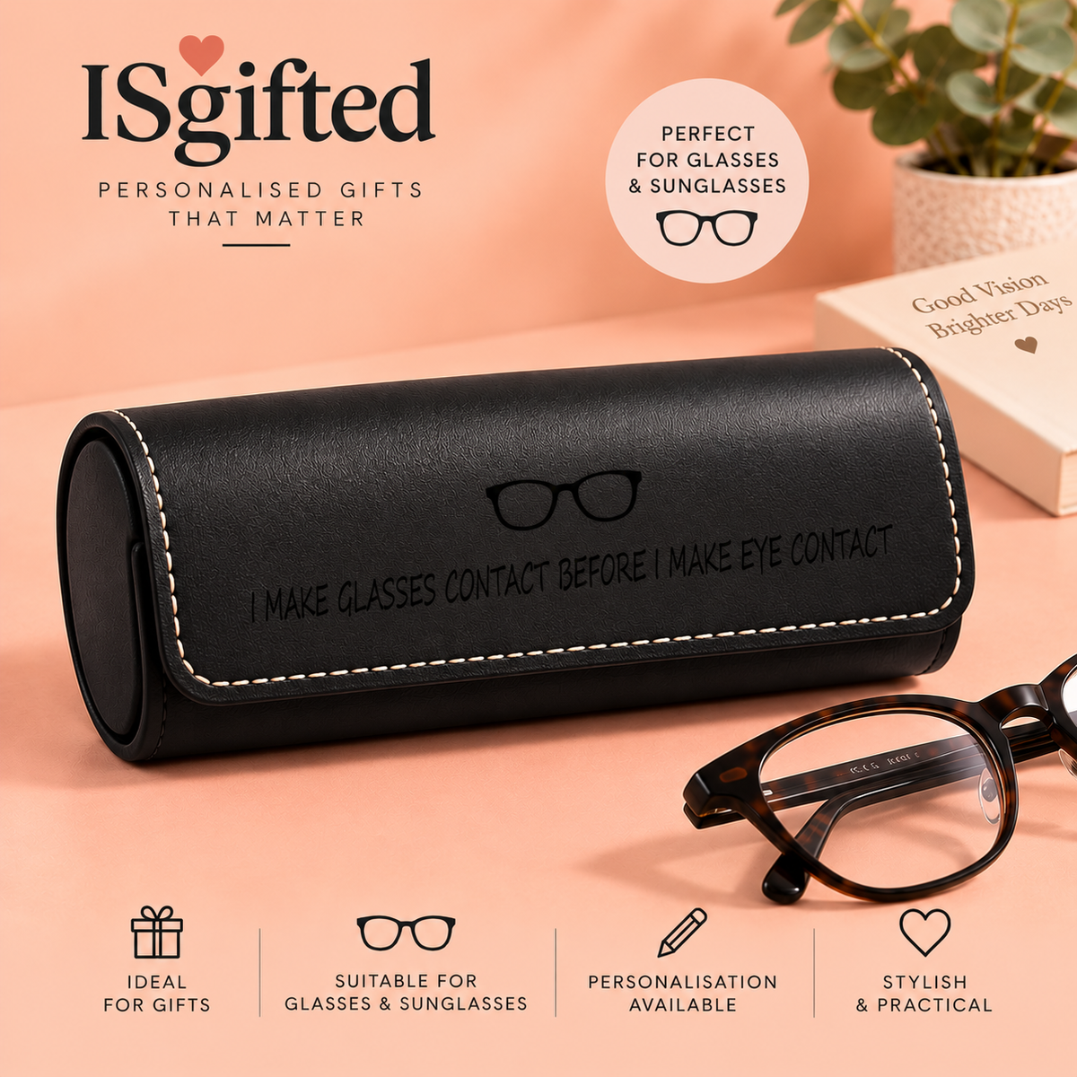 Personalised Leather Glasses Case | Engraved Eyeglass and  Sunglasses Case | Gift for Him & Her