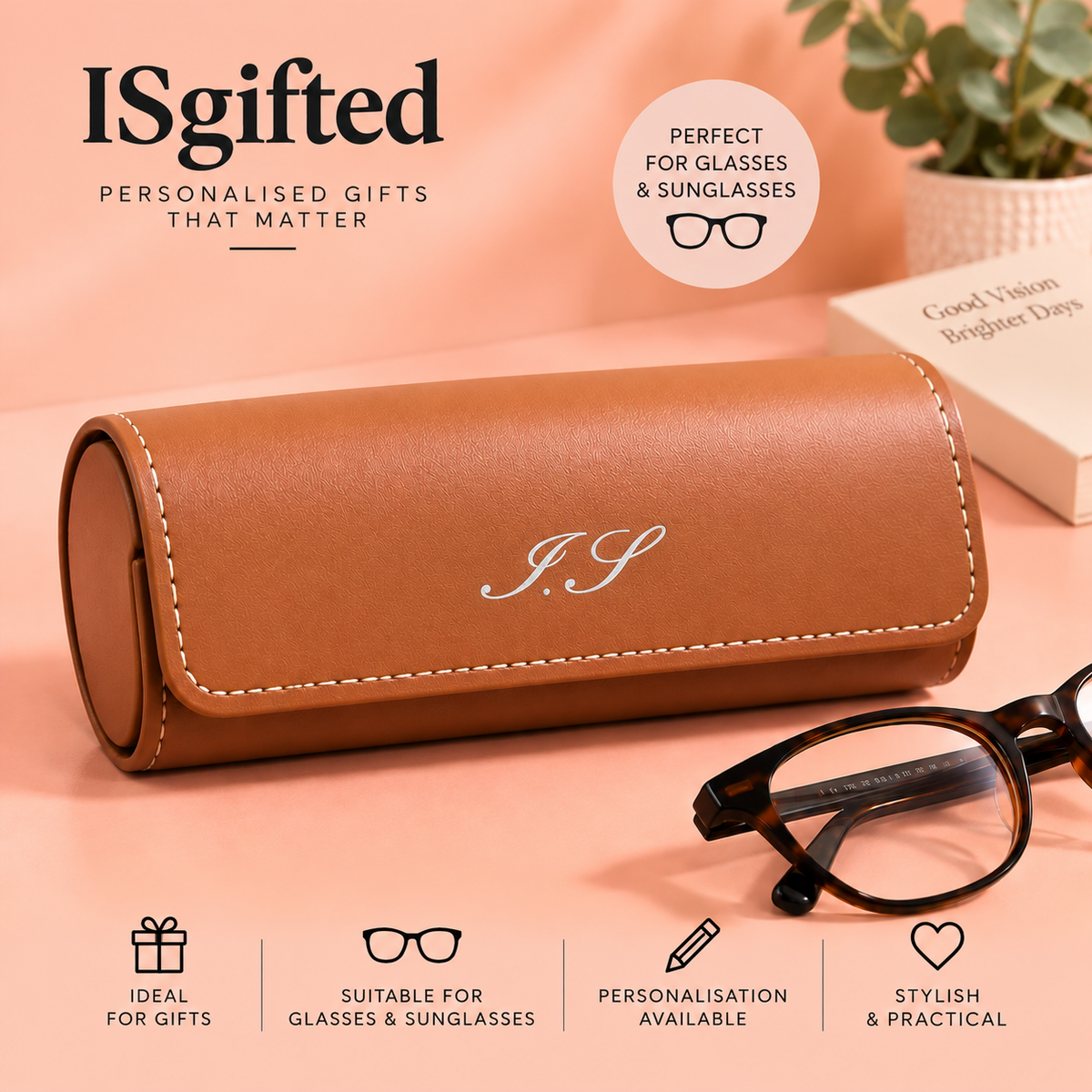 Personalised Leather Glasses Case | Engraved Eyeglass and  Sunglasses Case | Gift for Him & Her