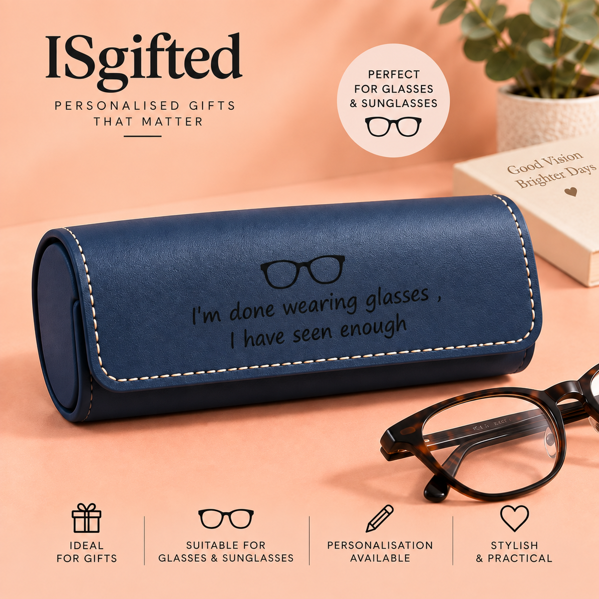 Personalised Leather Glasses Case | Engraved Eyeglass and  Sunglasses Case | Gift for Him & Her