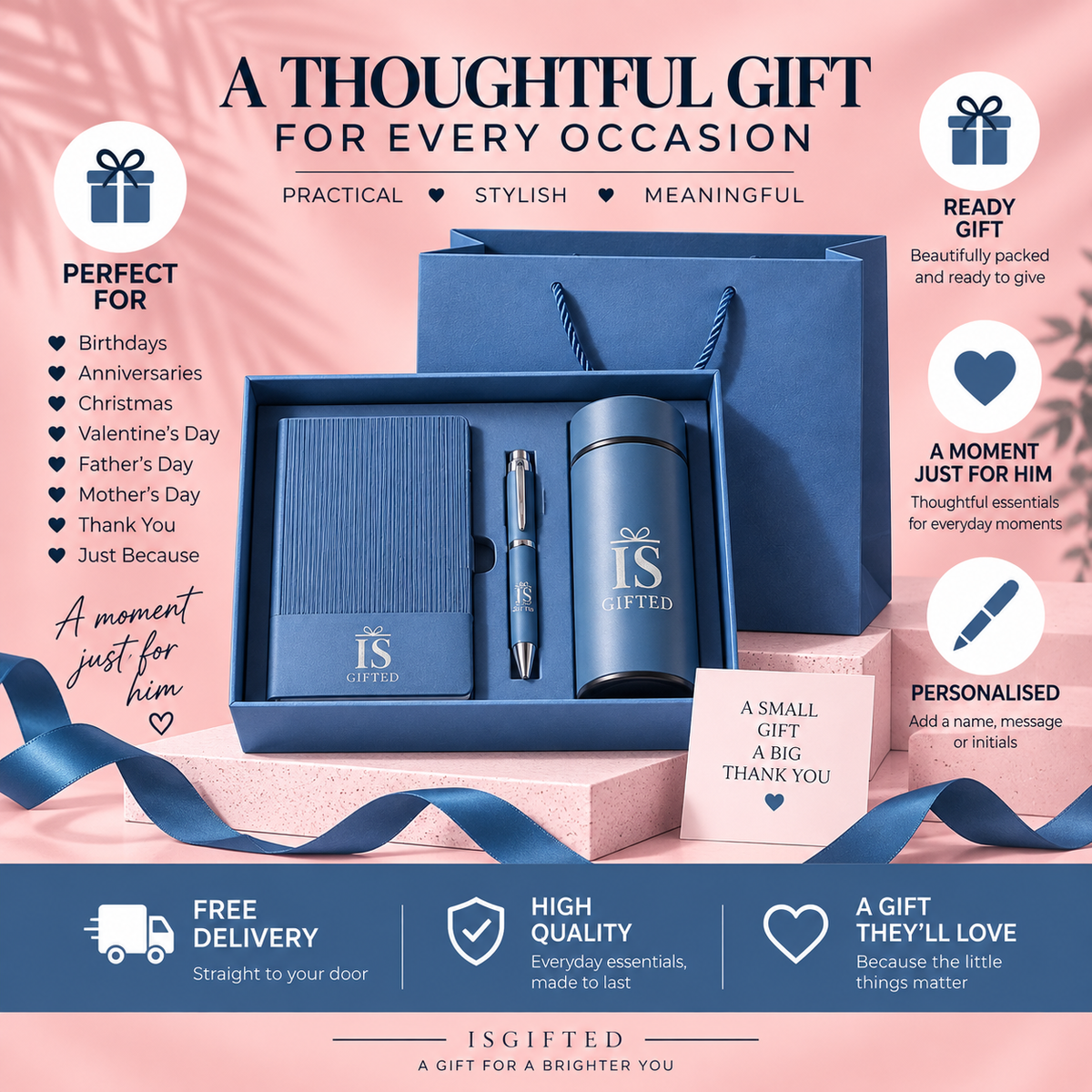 Personalised Blue Gift Set for Him & Her | Tumbler, Notebook & Pen
