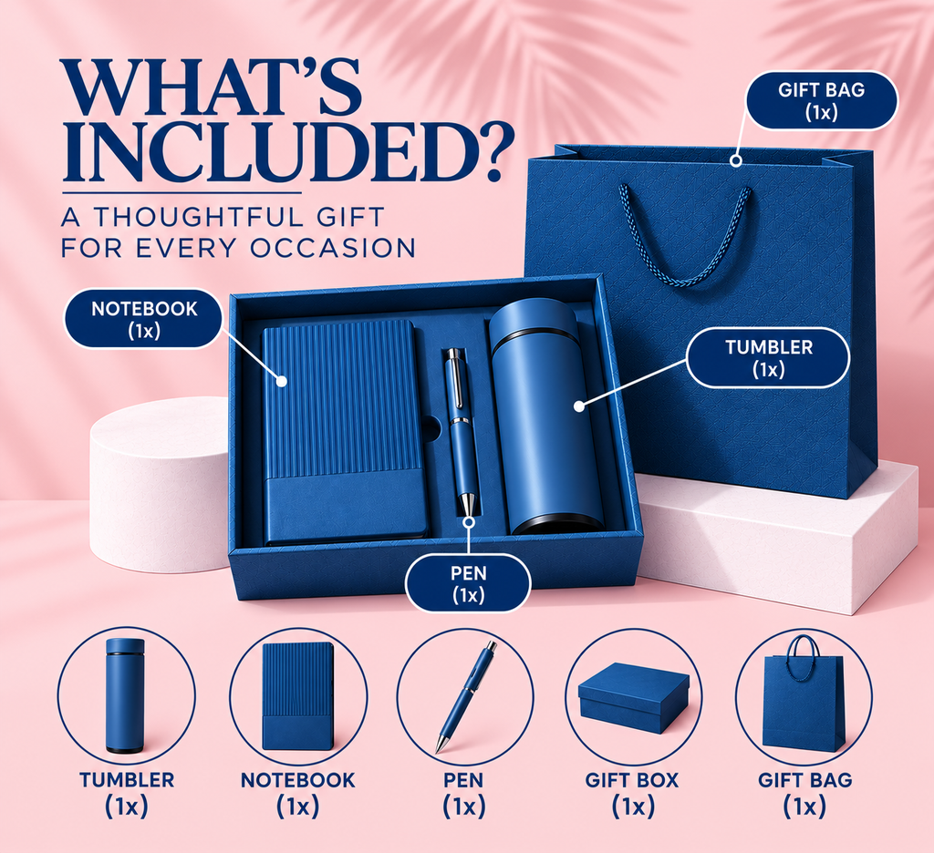 Personalised Blue Gift Set for Him & Her | Tumbler, Notebook & Pen