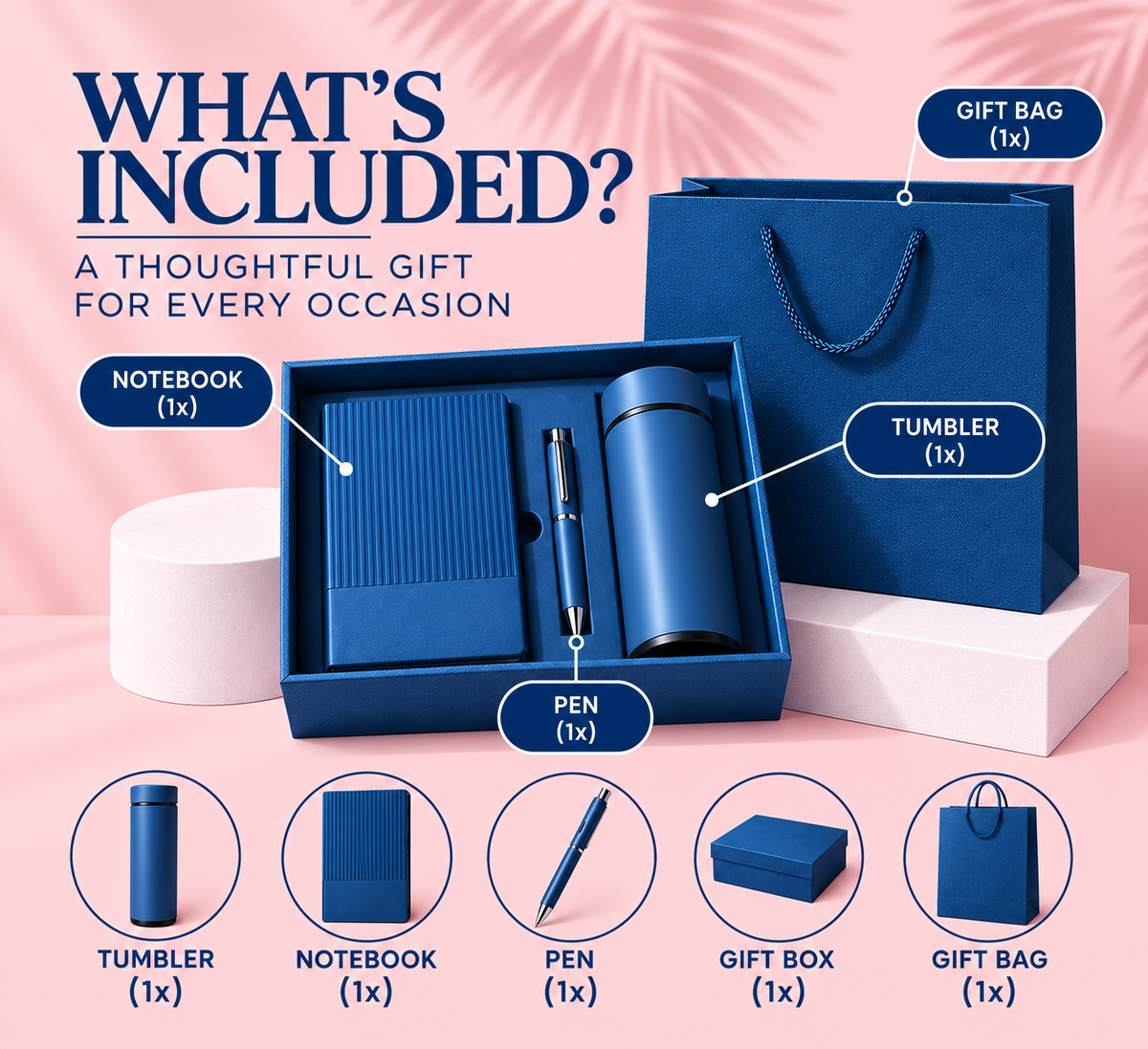 Personalised Blue Gift Set for Him & Her | Tumbler, Notebook & Pen