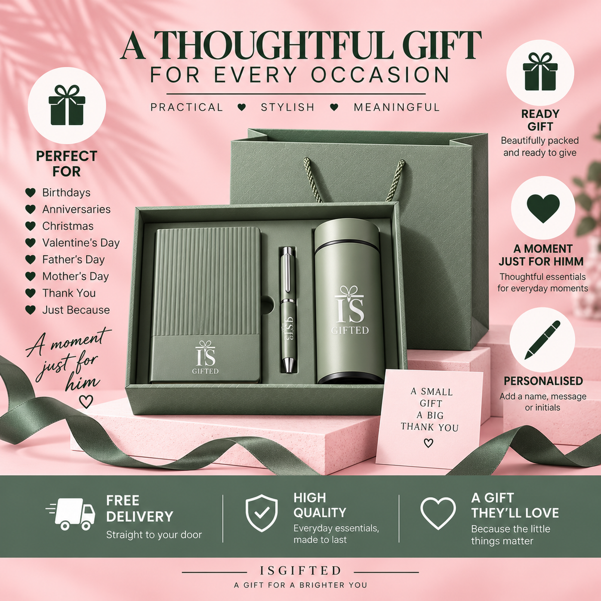 Personalised Sage Green Gift Set | Elegant Engraved Gift for Him & Her